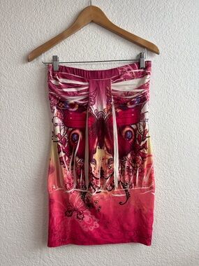 Y2K Vibrant Pink Butterfly Print Strapless Tube Top Medium
